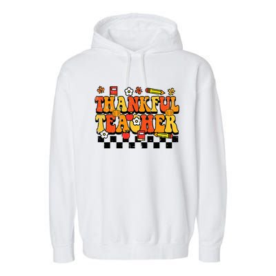 Thankful Teacher Retro Groovy Thanksgiving Fall Garment-Dyed Fleece Hoodie