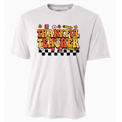 Thankful Teacher Retro Groovy Thanksgiving Fall Cooling Performance Crew T-Shirt