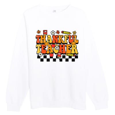 Thankful Teacher Retro Groovy Thanksgiving Fall Premium Crewneck Sweatshirt