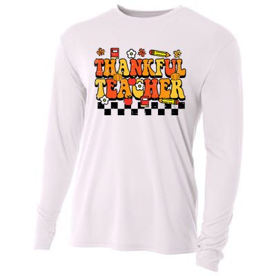 Thankful Teacher Retro Groovy Thanksgiving Fall Cooling Performance Long Sleeve Crew