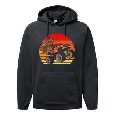 Thanksgiving Turkey Riding Monster Truck Performance Fleece Hoodie