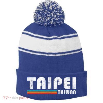 Taipei Taiwan Retro Vintage Travel Vacation Gift Stripe Pom Pom Beanie
