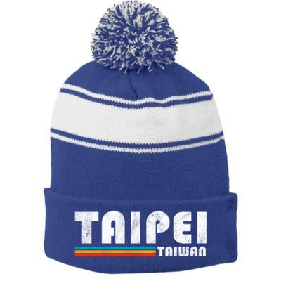 Taipei Taiwan Retro Vintage Travel Vacation Gift Stripe Pom Pom Beanie