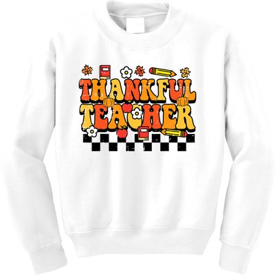 Thankful Teacher Retro Groovy Thanksgiving Fall Kids Sweatshirt