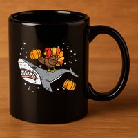 Thanksgiving Turkey Riding Shark Funny 11oz C Handle Ceramic Mug