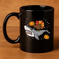 Thanksgiving Turkey Riding Shark Funny 11oz C Handle Ceramic Mug