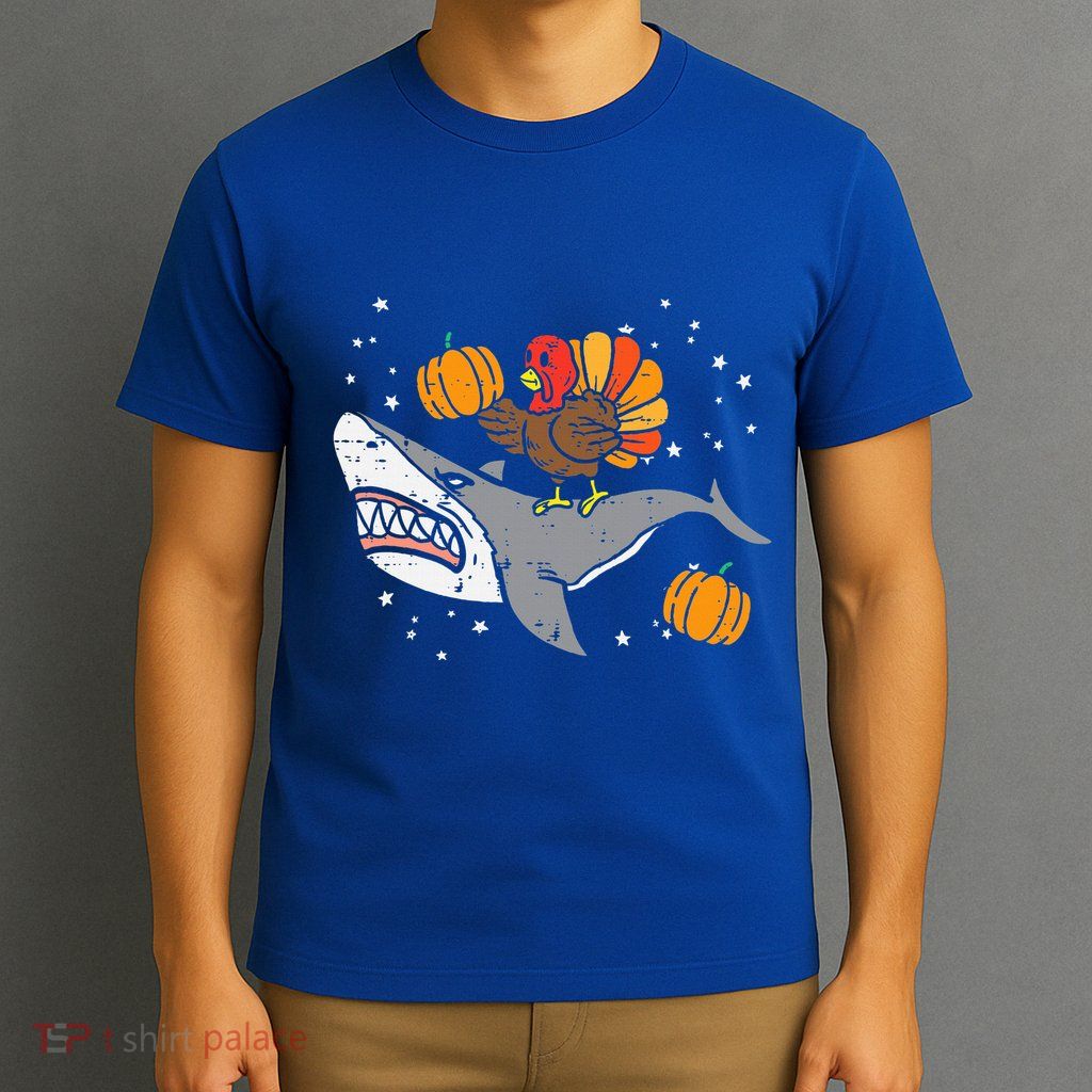 Thanksgiving Turkey Riding Shark Funny T-Shirt