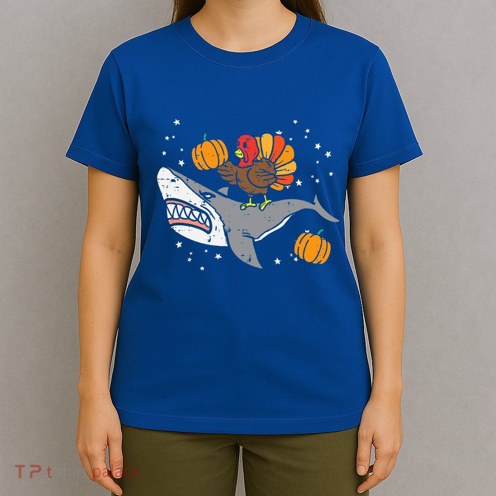 Thanksgiving Turkey Riding Shark Funny T-Shirt