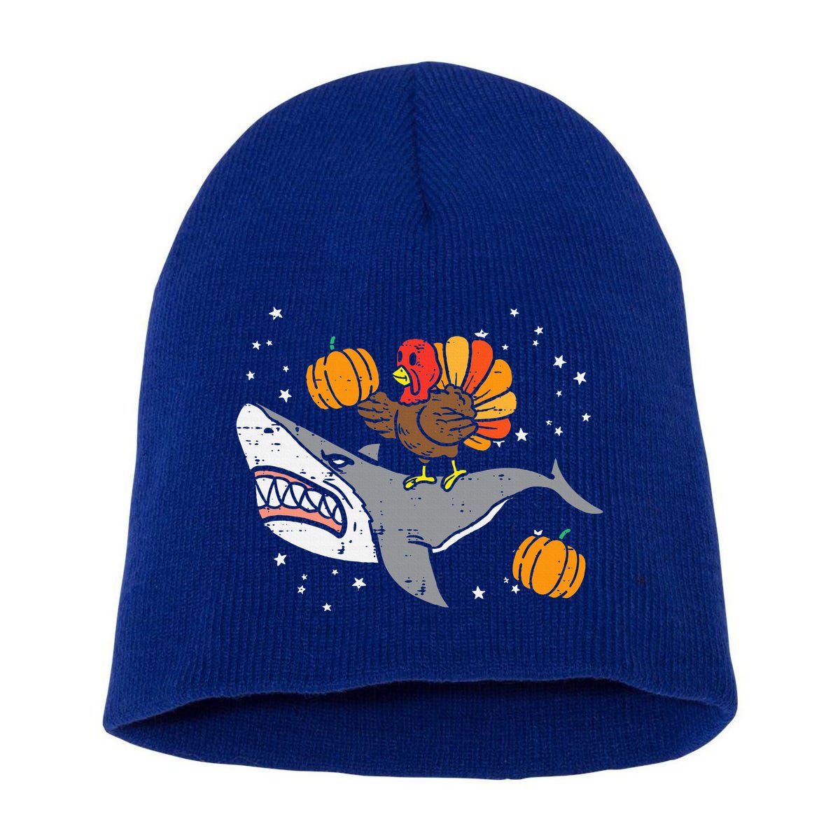 Thanksgiving Turkey Riding Shark Funny Short Acrylic Beanie