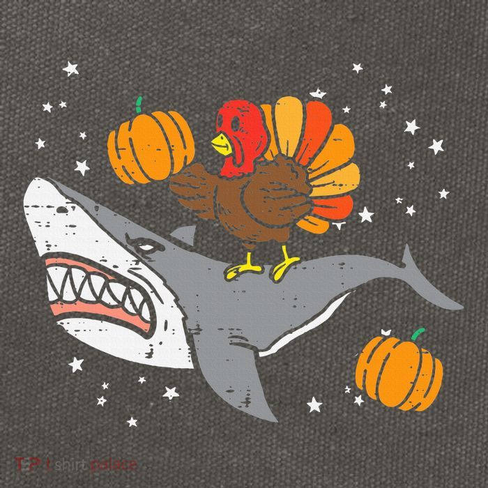 Thanksgiving Turkey Riding Shark Funny Cotton Canvas Backpack