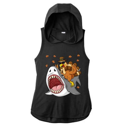 Thanksgiving Turkey Riding Shark Funny Ladies PosiCharge Tri-Blend Wicking Draft Hoodie Tank