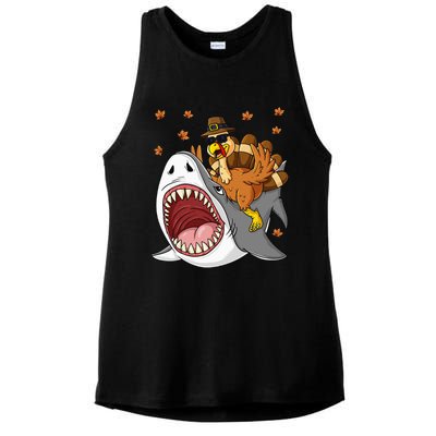 Thanksgiving Turkey Riding Shark Funny Ladies PosiCharge Tri-Blend Wicking Tank