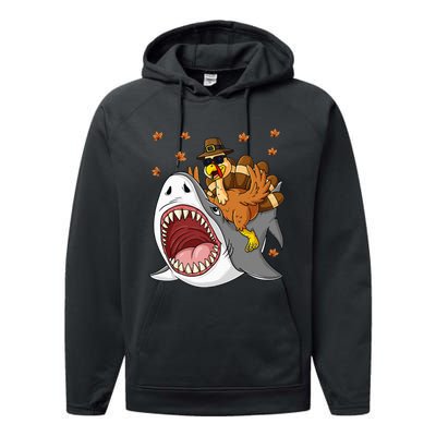 Thanksgiving Turkey Riding Shark Funny Performance Fleece Hoodie