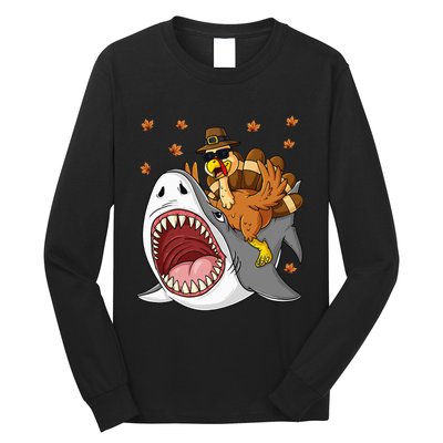 Thanksgiving Turkey Riding Shark Funny Long Sleeve Shirt