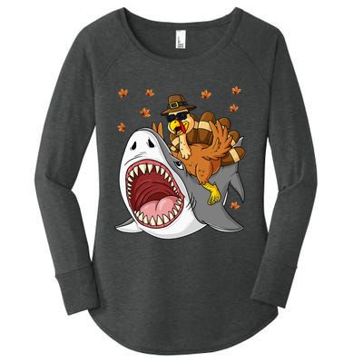 Thanksgiving Turkey Riding Shark Funny Women's Perfect Tri Tunic Long Sleeve Shirt