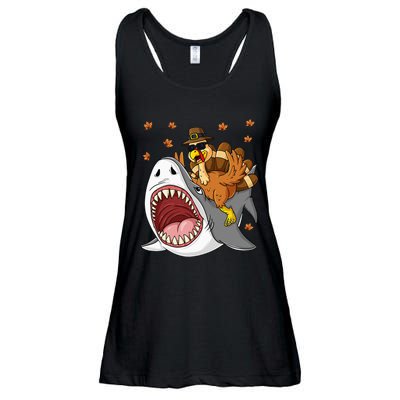 Thanksgiving Turkey Riding Shark Funny Ladies Essential Flowy Tank