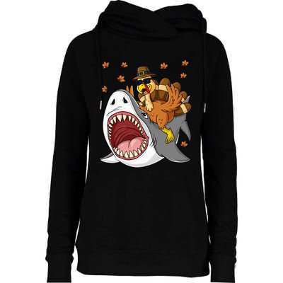 Thanksgiving Turkey Riding Shark Funny Womens Funnel Neck Pullover Hood