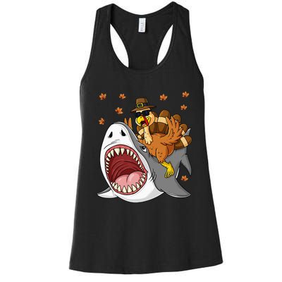 Thanksgiving Turkey Riding Shark Funny Women's Racerback Tank