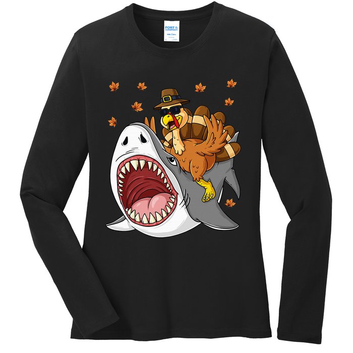 Thanksgiving Turkey Riding Shark Funny Ladies Long Sleeve Shirt