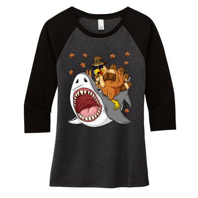 Thanksgiving Turkey Riding Shark Funny Women's Tri-Blend 3/4-Sleeve Raglan Shirt