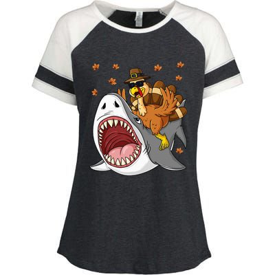 Thanksgiving Turkey Riding Shark Funny Enza Ladies Jersey Colorblock Tee