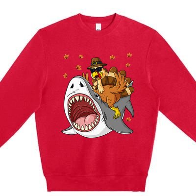 Thanksgiving Turkey Riding Shark Funny Premium Crewneck Sweatshirt