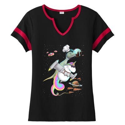 Trex Tyrannosaurus Rex Dinosaur Riding Unicorn Space Party Gift Ladies Halftime Notch Neck Tee