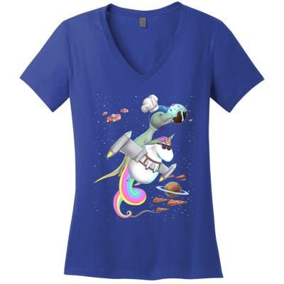 Trex Tyrannosaurus Rex Dinosaur Riding Unicorn Space Party Gift Women's V-Neck T-Shirt