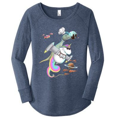 Trex Tyrannosaurus Rex Dinosaur Riding Unicorn Space Party Gift Women's Perfect Tri Tunic Long Sleeve Shirt