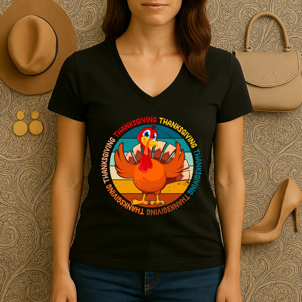 Thanksgiving Turkey Retro Sunset Holiday Women's V-Neck T-Shirt