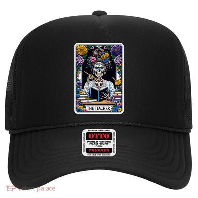 The Teacher Reading Book Skeleton Floral Funny Tarot Cards Gift High Crown Mesh Back Trucker Hat