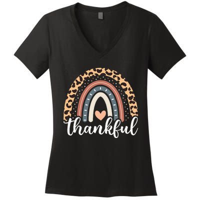 Thankful Thanksgiving Rainbow Leopard Women's V-Neck T-Shirt