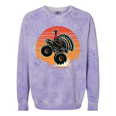 Thanksgiving Turkey Riding Monster Truck Sunset Turkey Colorblast Crewneck Sweatshirt