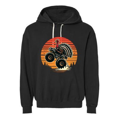 Thanksgiving Turkey Riding Monster Truck Sunset Turkey Garment-Dyed Fleece Hoodie