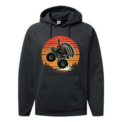 Thanksgiving Turkey Riding Monster Truck Sunset Turkey Performance Fleece Hoodie