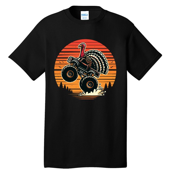 Thanksgiving Turkey Riding Monster Truck Sunset Turkey Tall T-Shirt