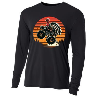 Thanksgiving Turkey Riding Monster Truck Sunset Turkey Cooling Performance Long Sleeve Crew