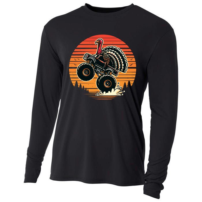 Thanksgiving Turkey Riding Monster Truck Sunset Turkey Cooling Performance Long Sleeve Crew