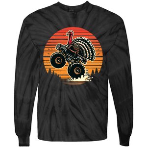 Thanksgiving Turkey Riding Monster Truck Sunset Turkey Tie-Dye Long Sleeve Shirt