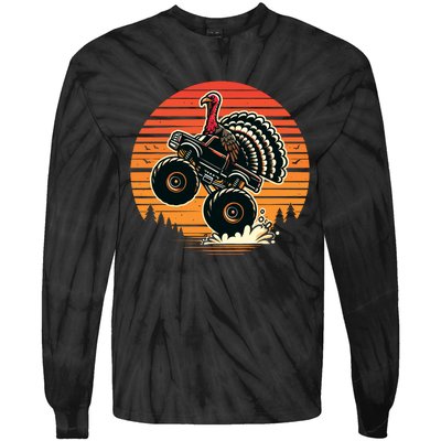 Thanksgiving Turkey Riding Monster Truck Sunset Turkey Tie-Dye Long Sleeve Shirt