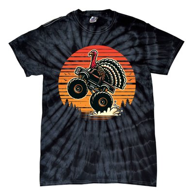 Thanksgiving Turkey Riding Monster Truck Sunset Turkey Tie-Dye T-Shirt