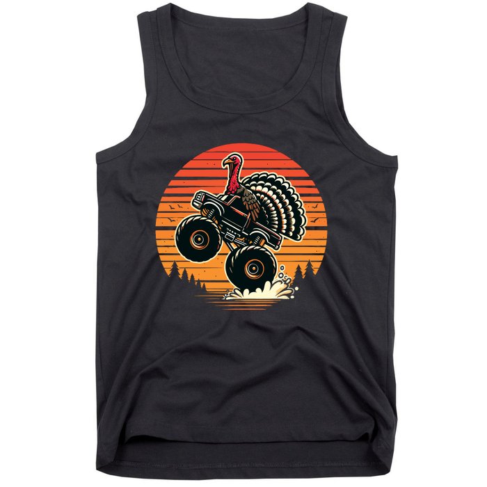 Thanksgiving Turkey Riding Monster Truck Sunset Turkey Tank Top