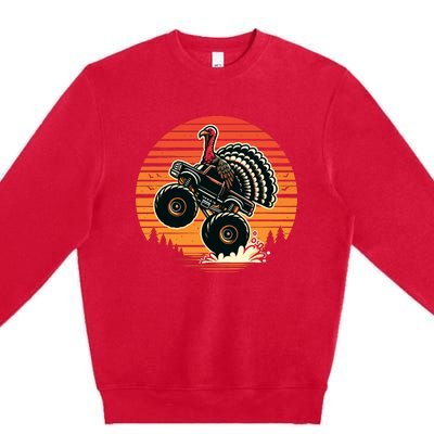 Thanksgiving Turkey Riding Monster Truck Sunset Turkey Premium Crewneck Sweatshirt