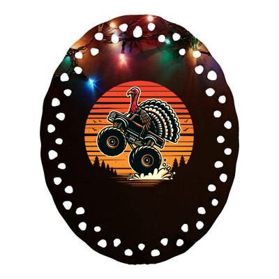 Thanksgiving Turkey Riding Monster Truck Sunset Turkey Ceramic Oval Ornament