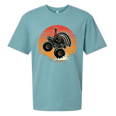 Thanksgiving Turkey Riding Monster Truck Sunset Turkey Sueded Cloud Jersey T-Shirt