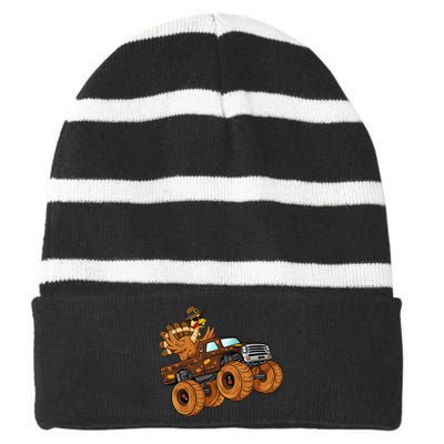 Thanksgiving Turkey Riding Monster Truck Striped Beanie with Solid Band