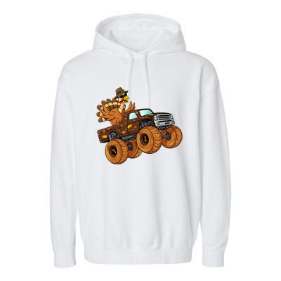 Thanksgiving Turkey Riding Monster Truck Garment-Dyed Fleece Hoodie