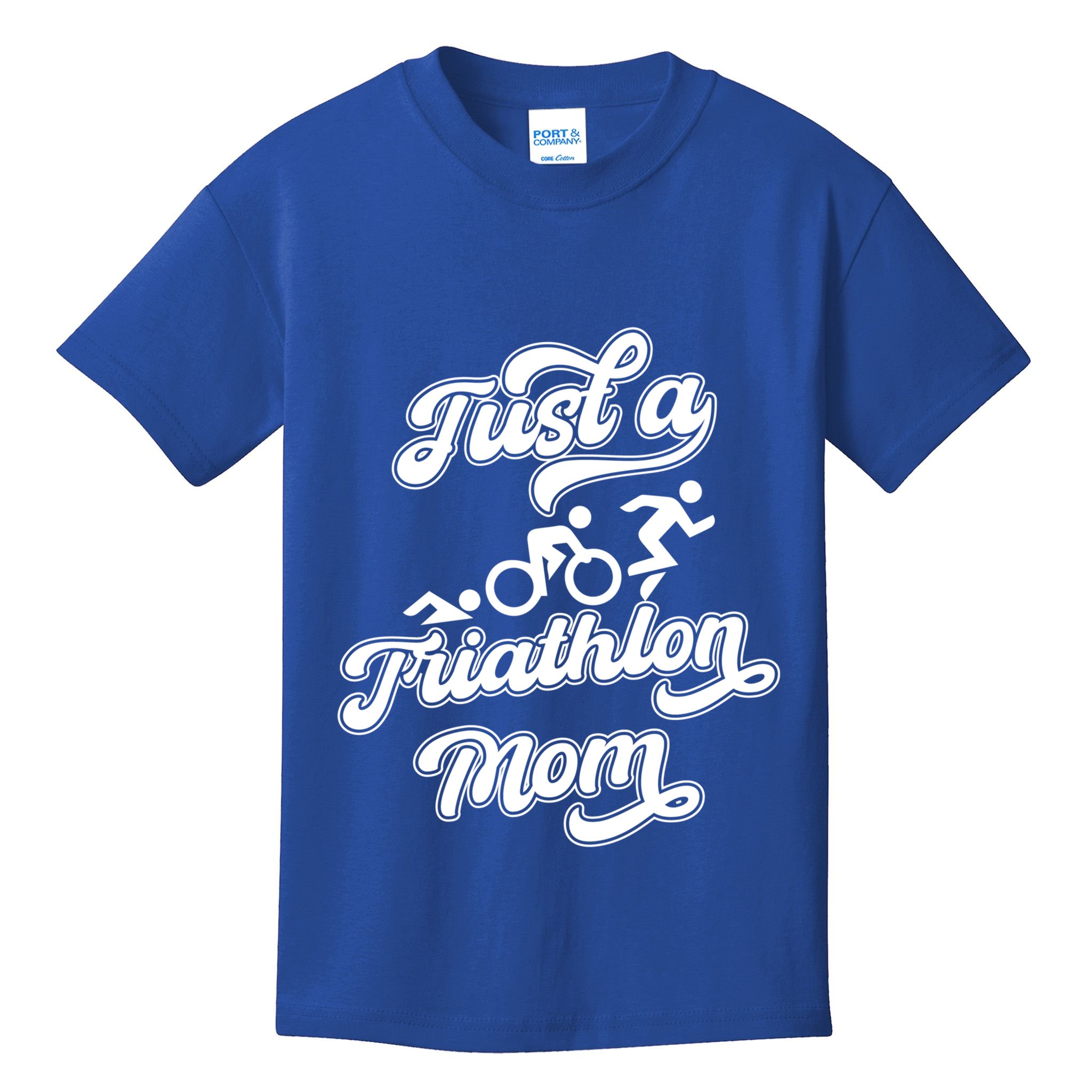 Triathlon Triathlete Running Swimming Just A Triathlon Mom Gift Kids T-Shirt