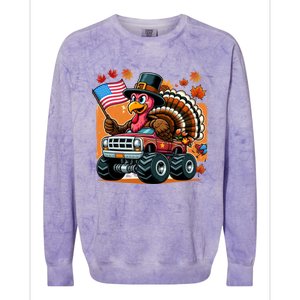 Thanksgiving Turkey Riding Monster Truck Usa Flag Meaningful Gift Colorblast Crewneck Sweatshirt