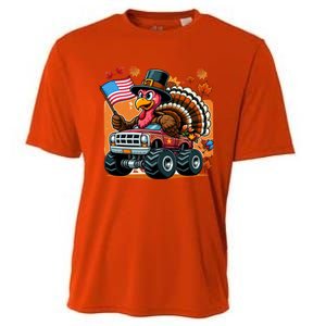 Thanksgiving Turkey Riding Monster Truck Usa Flag Meaningful Gift Cooling Performance Crew T-Shirt